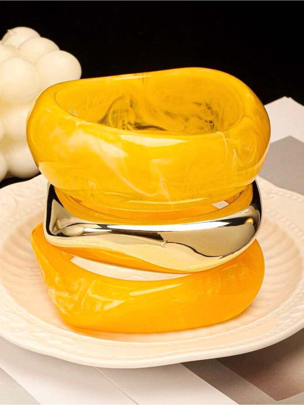 Yellow Resin and Silver Stackable Bangle Set - Women Jewelry